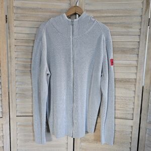 Hugo Boss Hooded Ribbed Cardigan Sweater Full Front Zipper Grey White Men's XL